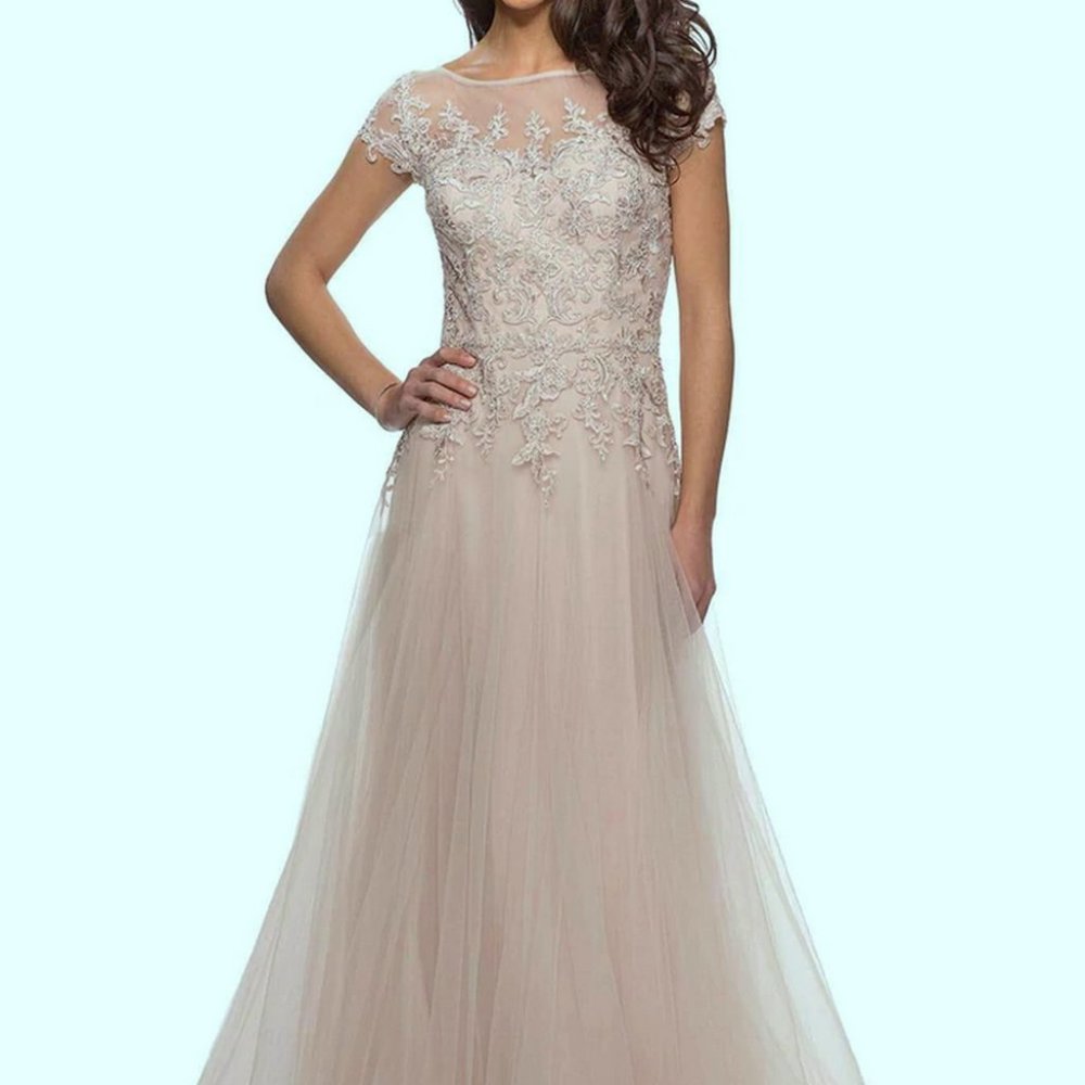 La Femme Light Blush Sparkle Embroidered Lace Tulle A-Line Gown